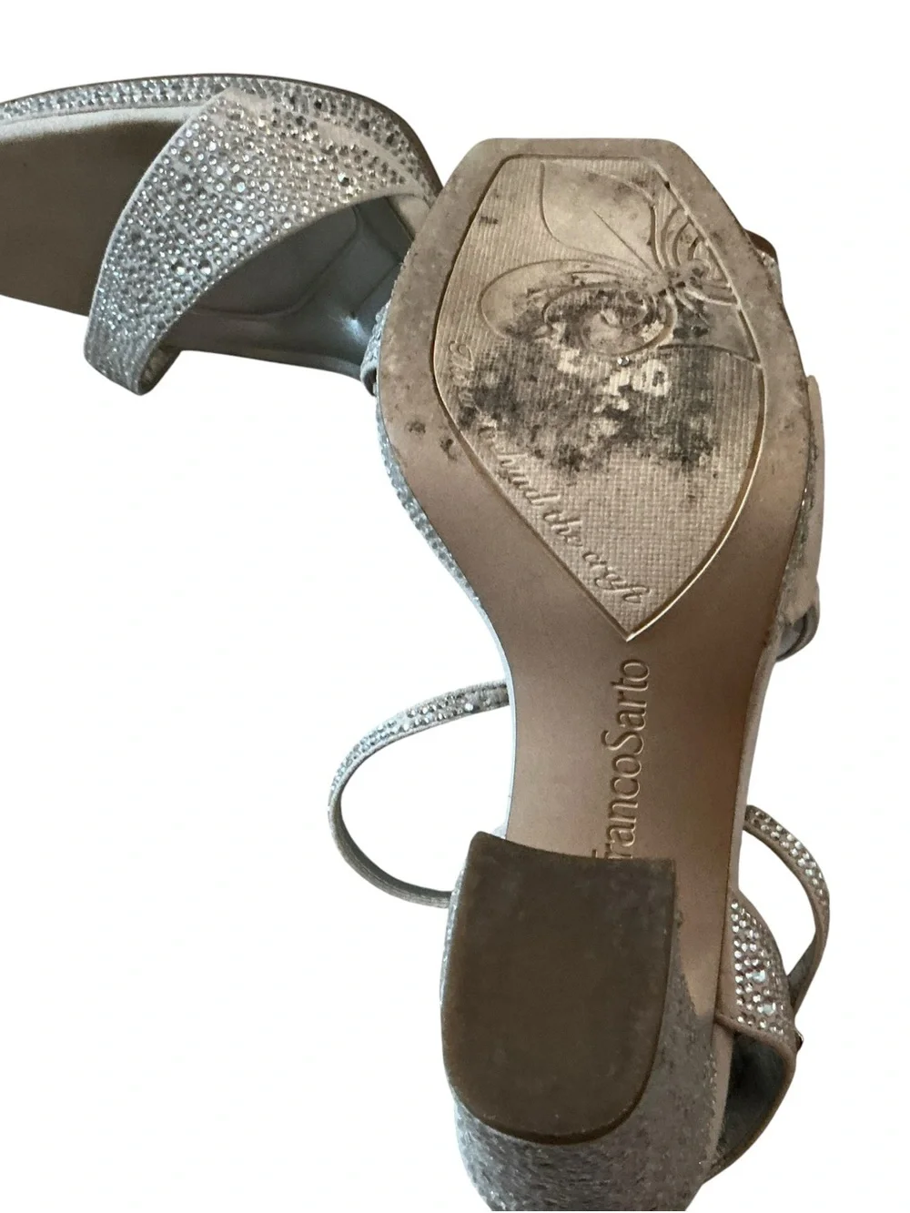 Franco Sarto women’s L-Daffy ankle strap heeled sandals metallic silver w stones